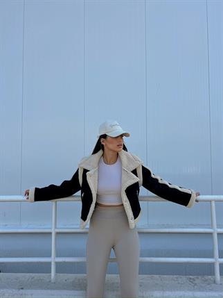 Vance İçi Kürk Detay Crop Kaban 10027 SİYAH-EKRU