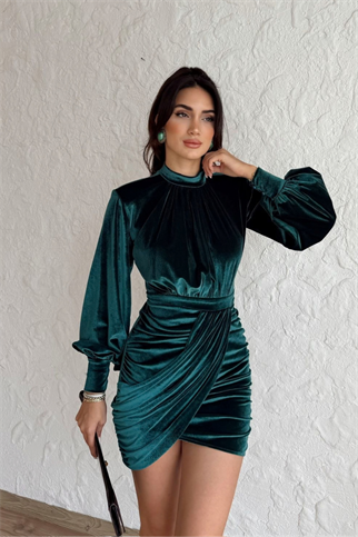 Vatkalı Drape Detay Dilge Mini Elbise 9302 ZÜMRÜT