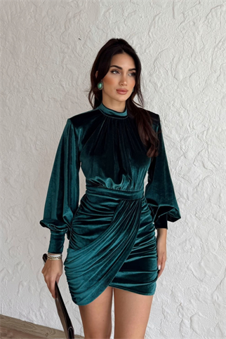 Vatkalı Drape Detay Dilge Mini Elbise 9302 ZÜMRÜT