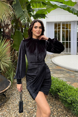 Vatkalı Drape Detay Dilge Mini Elbise 9302 SİYAH