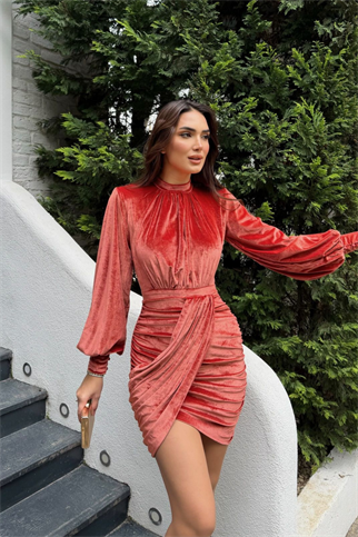 Vatkalı Drape Detay Dilge Mini Elbise 9302 NAR ÇİÇEĞİ