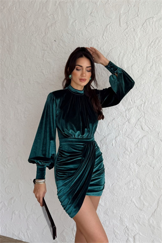 Vatkalı Drape Detay Dilge Mini Elbise 9302 ZÜMRÜT
