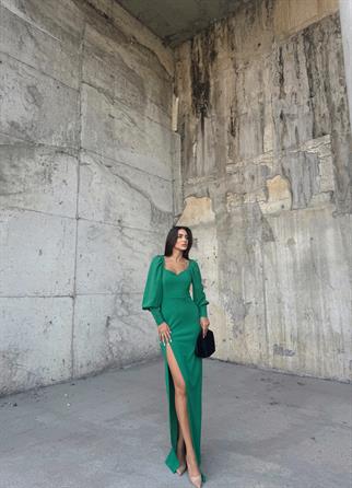 Versa Düğme Kol Yırtmaçlı Abiye 581913 ZÜMRÜT