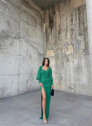 Versa Düğme Kol Yırtmaçlı Abiye 581913 ZÜMRÜT