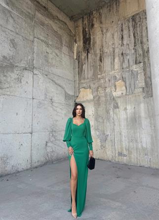 Versa Düğme Kol Yırtmaçlı Abiye 581913 ZÜMRÜT