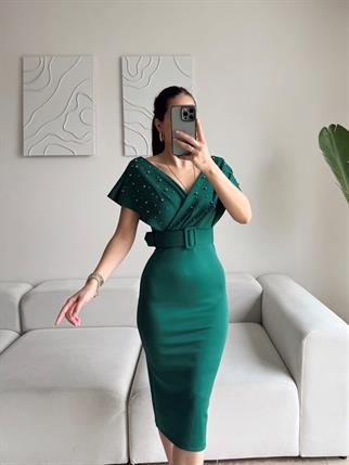 Viola İnci Detay Kemerli Elbise 582167 ZÜMRÜT