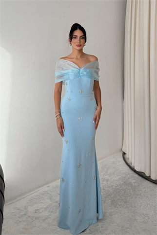 Yaka Tül Detay Taşlı Abiye 9372
