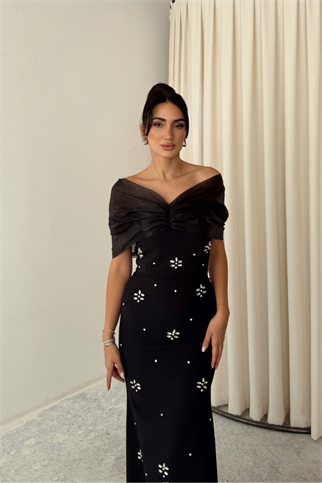 Yaka Tül Detay Taşlı Abiye 9372