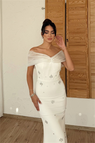 Yaka Tül Detay Taşlı Abiye 9372