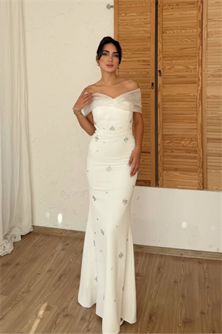 Yaka Tül Detay Taşlı Abiye 9372