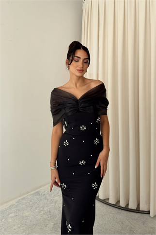 Yaka Tül Detay Taşlı Abiye 9372