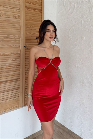 Yan Tül Detay Taş Askılı Kadife Mini Elbise 9305