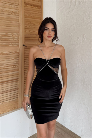 Yan Tül Detay Taş Askılı Kadife Mini Elbise 9305