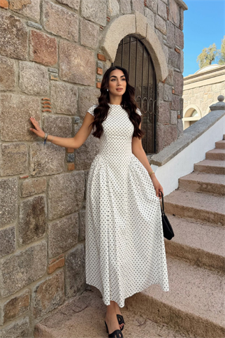 Deniz Puantiye Detay Midi Elbise 221830