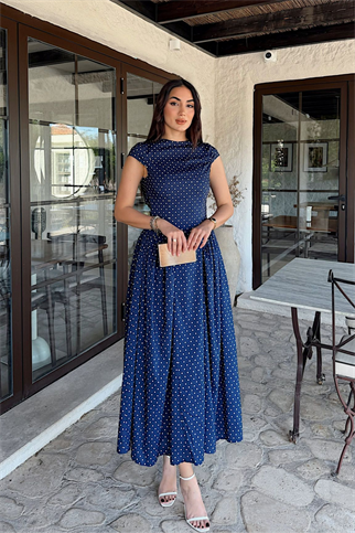 Deniz Puantiye Detay Midi Elbise 221830