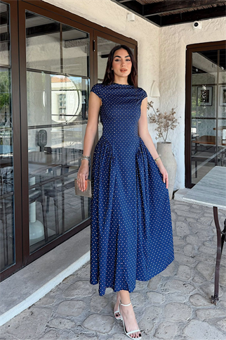 Deniz Puantiye Detay Midi Elbise 221830