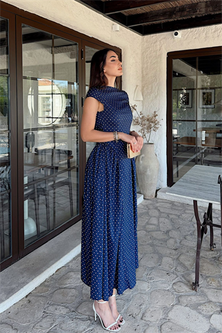 Deniz Puantiye Detay Midi Elbise 221830
