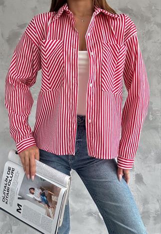 Zara Poplin Çizgili Gömlek 8030 KIRMIZI