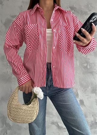 Zara Poplin Çizgili Gömlek 8030 KIRMIZI