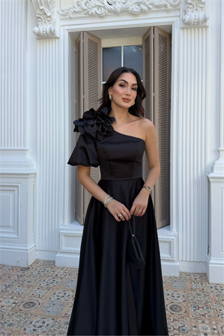 Zena Tek Kol Çiçek Detay Saten Abiye 1136