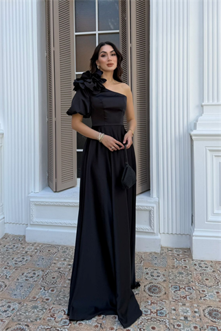 Zena Tek Kol Çiçek Detay Saten Abiye 1136
