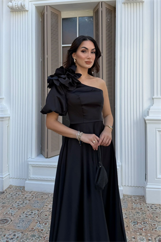 Zena Tek Kol Çiçek Detay Saten Abiye 1136