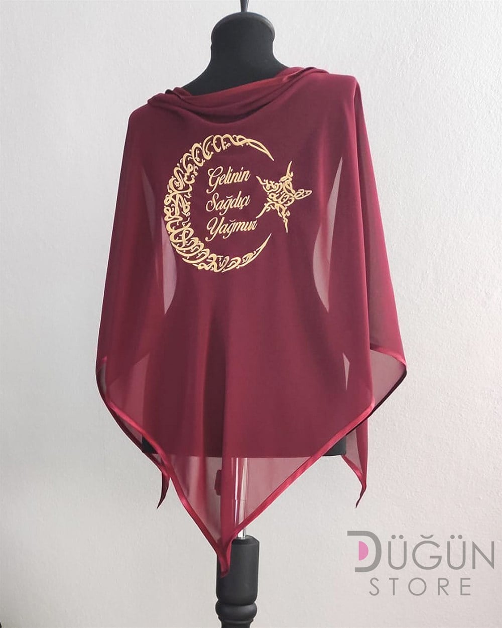 Bordo Gümüş Nakışlı Ay Yıldızlı Damat Örtüsü ve Eldiveni 