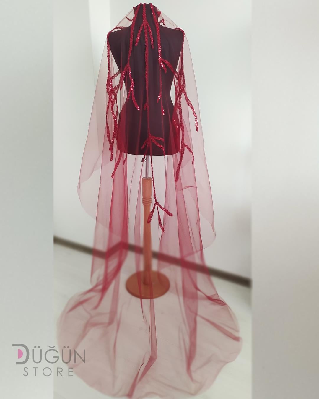 Yıldız Bordo İşlemeli Gelin Duvağı 