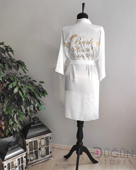 İsme Özel Gold Nakışlı Bride Beyaz Sabahlık 