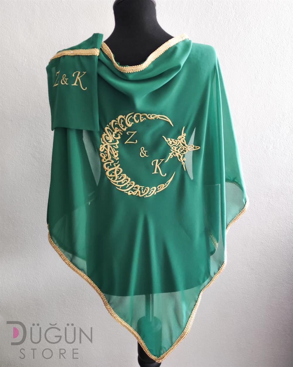 Baş Harfli Ay Yıldızlı Yeşil Renk Damat Örtüsü