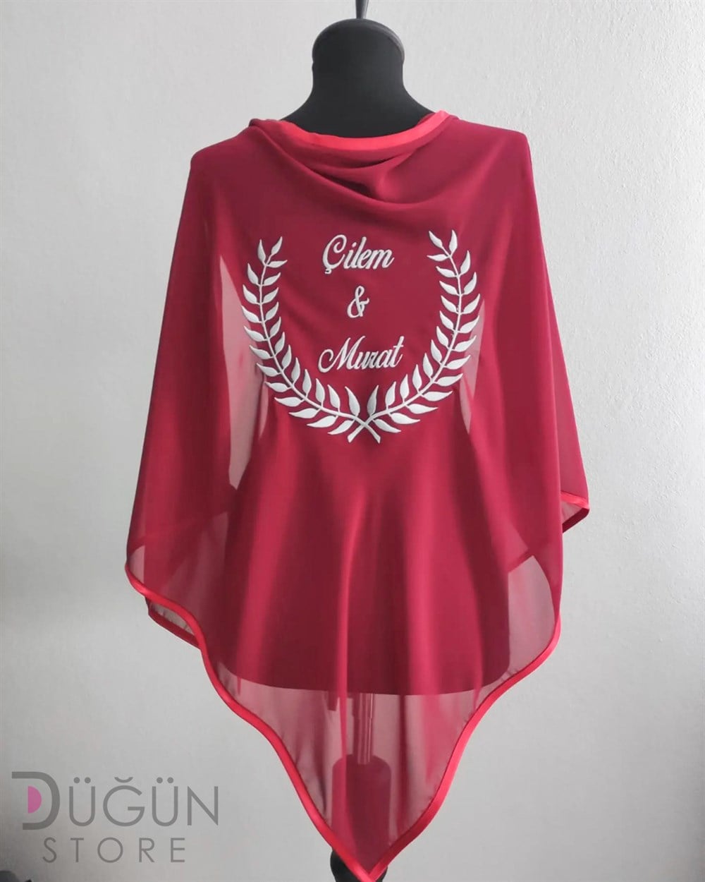 Başak Model Kırmızı Renk Gümüş Nakışlı Ay Yıldızlı Damat Örtüsü ve Eldiveni 