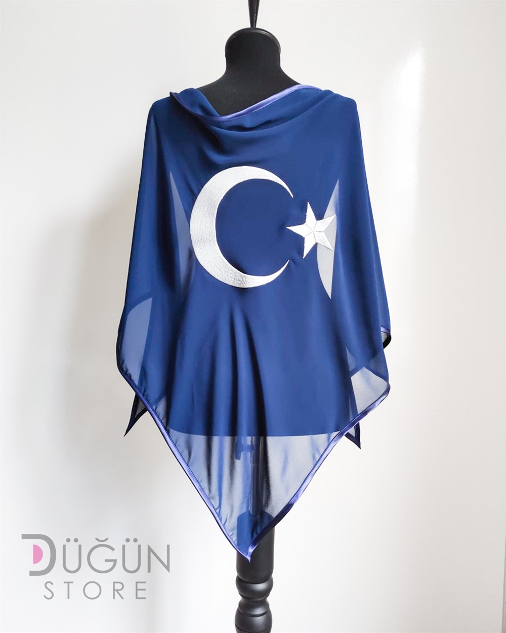 Biyeli Şifon Ay Yıldızlı Mavi Damat Omuz Örtüsü  ve Eldiven