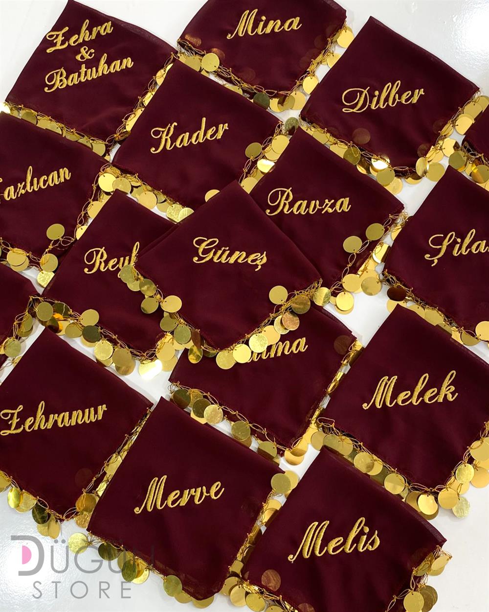 Bordo , Gold Nakışlı Halay Mendili 