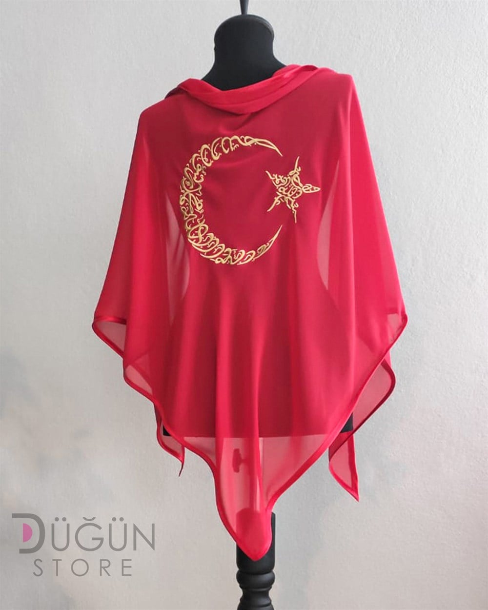 Kırmızı Gold Nakışlı Ay Yıldızlı Damat Örtüsü ve Eldiveni 