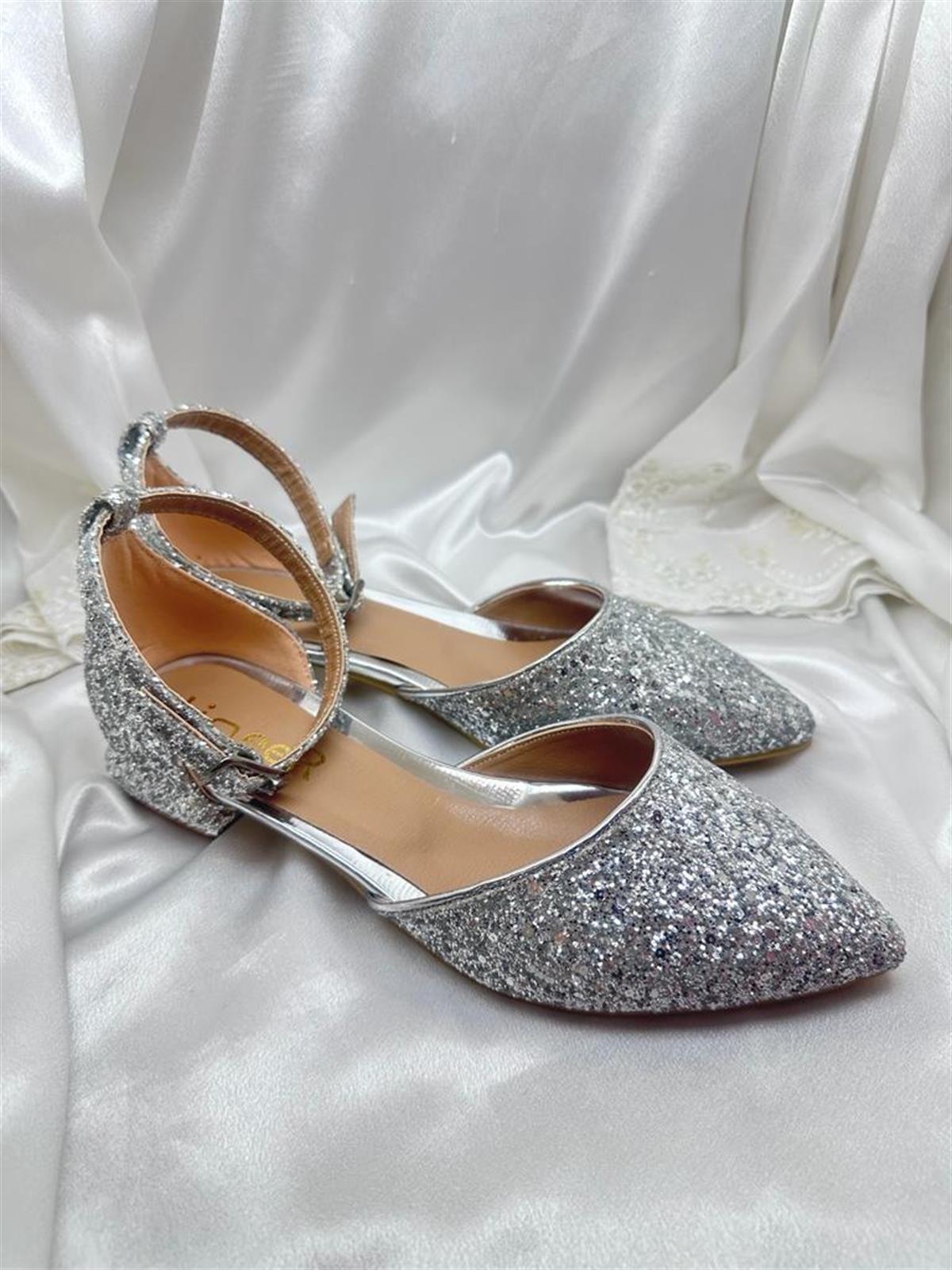 Kadın Gümüş Gri 3,5 Cm Topuklu Simli Babet Abiye Gelin Ayakkabısı