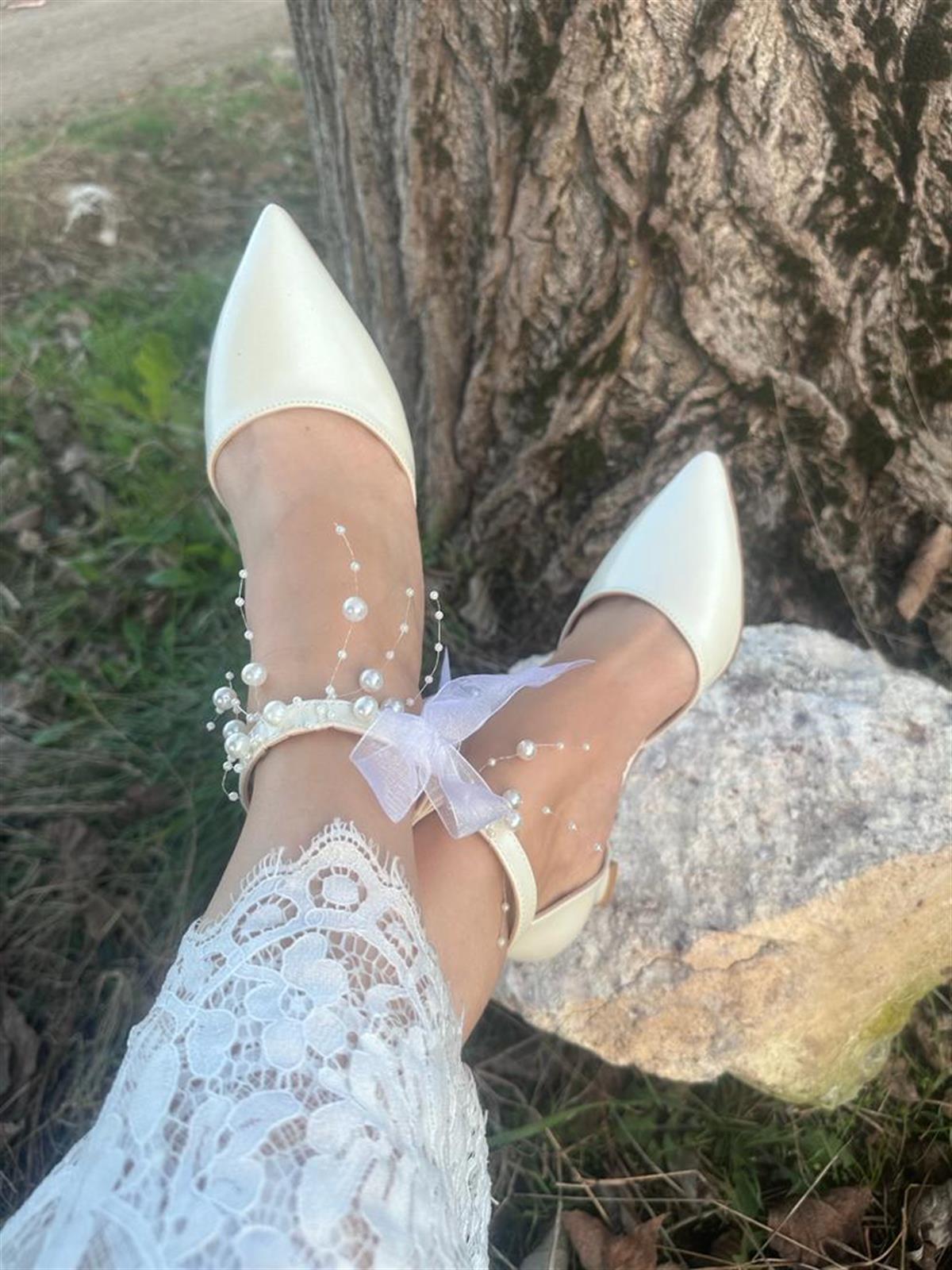 Kadın Sedef Beyaz Rahat 5 Cm Kadeh Topuklu İncili Stiletto Gelin Ayakkabısı