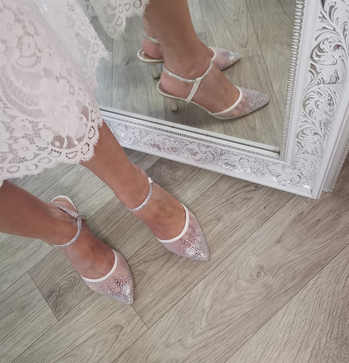 Kadın Sedef Beyaz 5 Cm Kadeh Topuklu Taşlı Sinderella Stiletto Gelin  Ayakkabısı