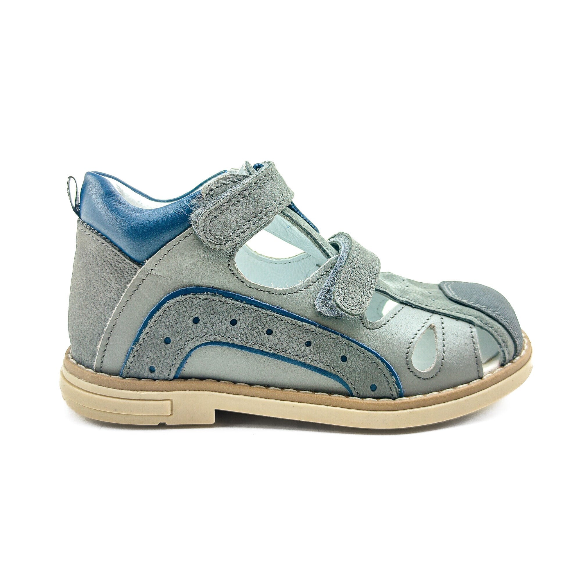 Ortoplus Deri Ortopedik Çocuk Sandalet P OZ500 GRİ - MAVİ - OrtoPlus