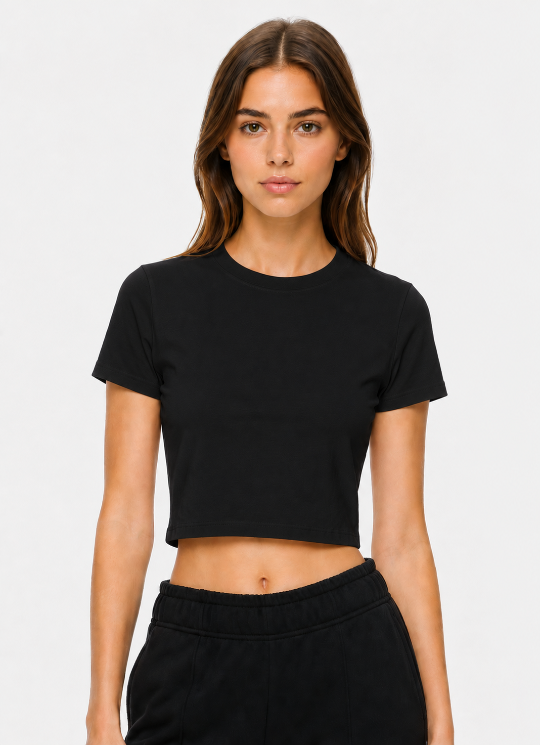 Siyah Kadın Crop Fit Basic Tişört | Bisiklet Yaka Bluz Likralı Kaliteli Premium Kumaş