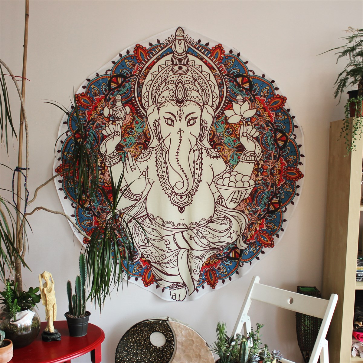 Beige Ganesha Yuvarlak Duvar Örtüsü