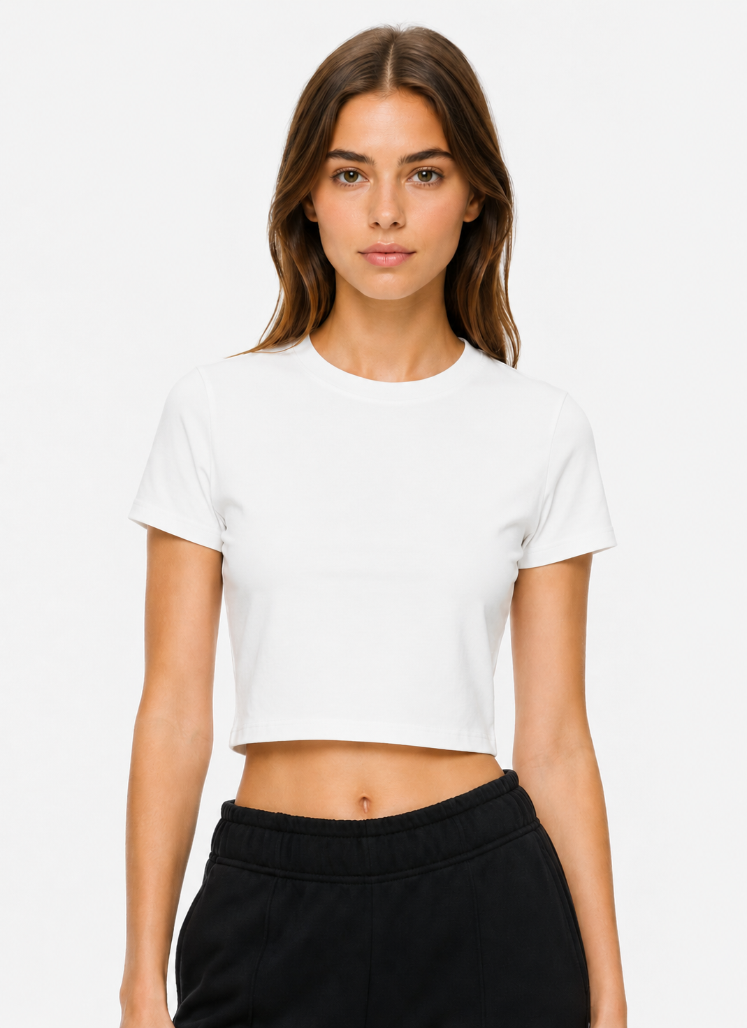 Beyaz Kadın Crop Fit Basic Tişört | Bisiklet Yaka Bluz Likralı Kaliteli Premium Kumaş