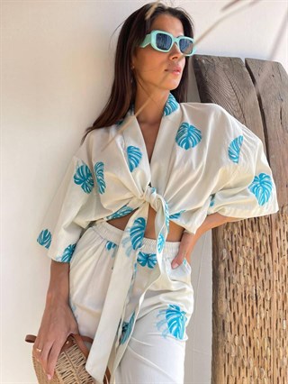 Mavi Yaprak Desenli Alt Üst Kimono Takım 