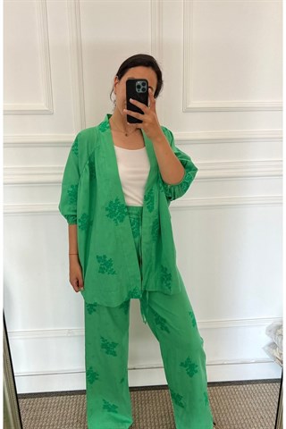 Yeşil Çiçek Desenli Kimono Pantolon Takım