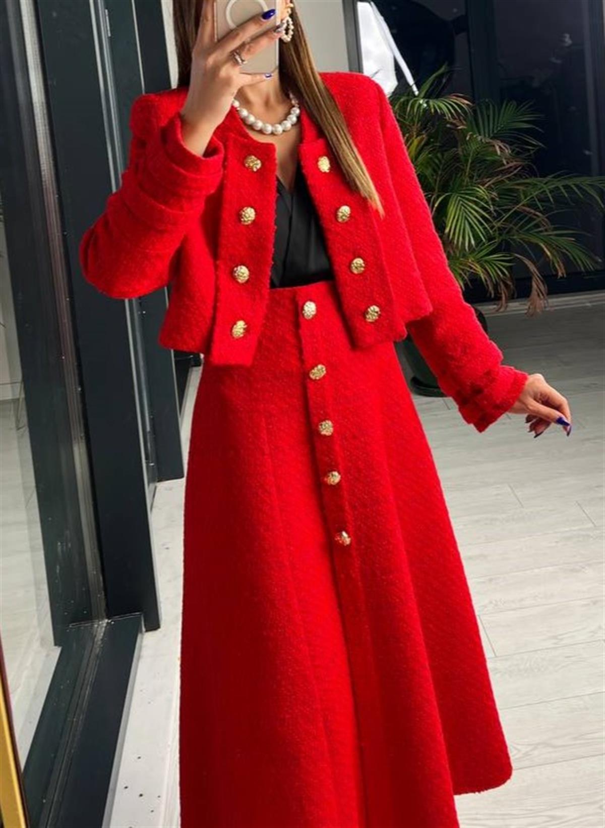 Kırmızı Premium Kalite Lina Tuvid Etek Ceket Takım