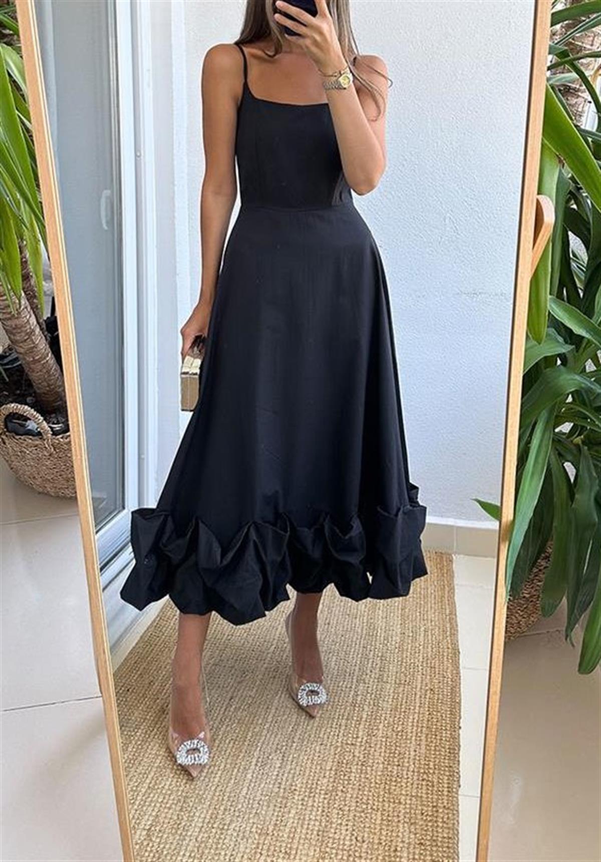 Siyah Ip Askılı Etek Ucu Fırfırlı Elbise