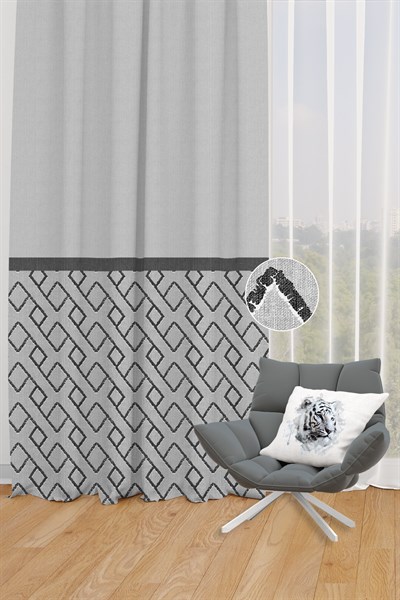 Modern Bordürlü Geometrik Desenli Fon Perde (Tek Kanat-Pilesiz)