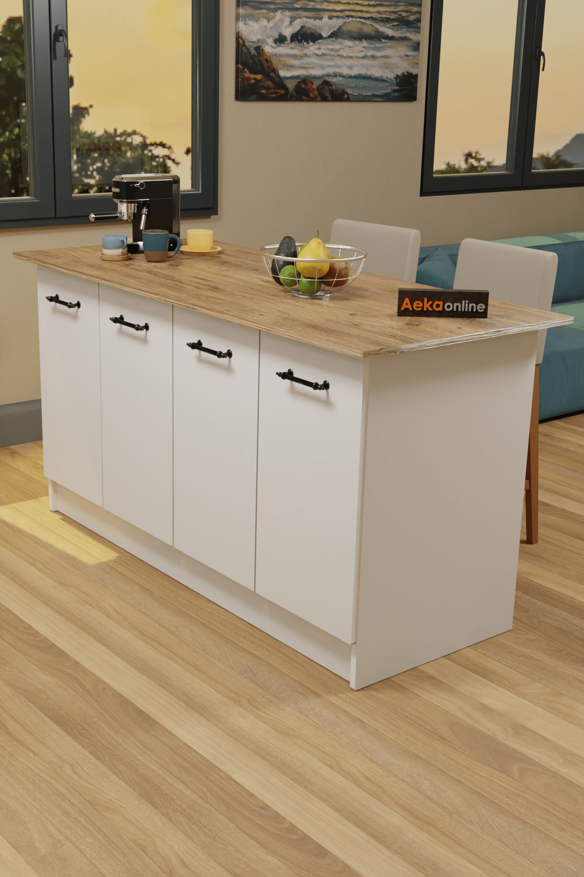AE-2040 Vera Mutfak Adası Bar Masası Yemek Masası Dolaplı, Beyaz/Çam Raflı, Çok Amaçlı 160 cm