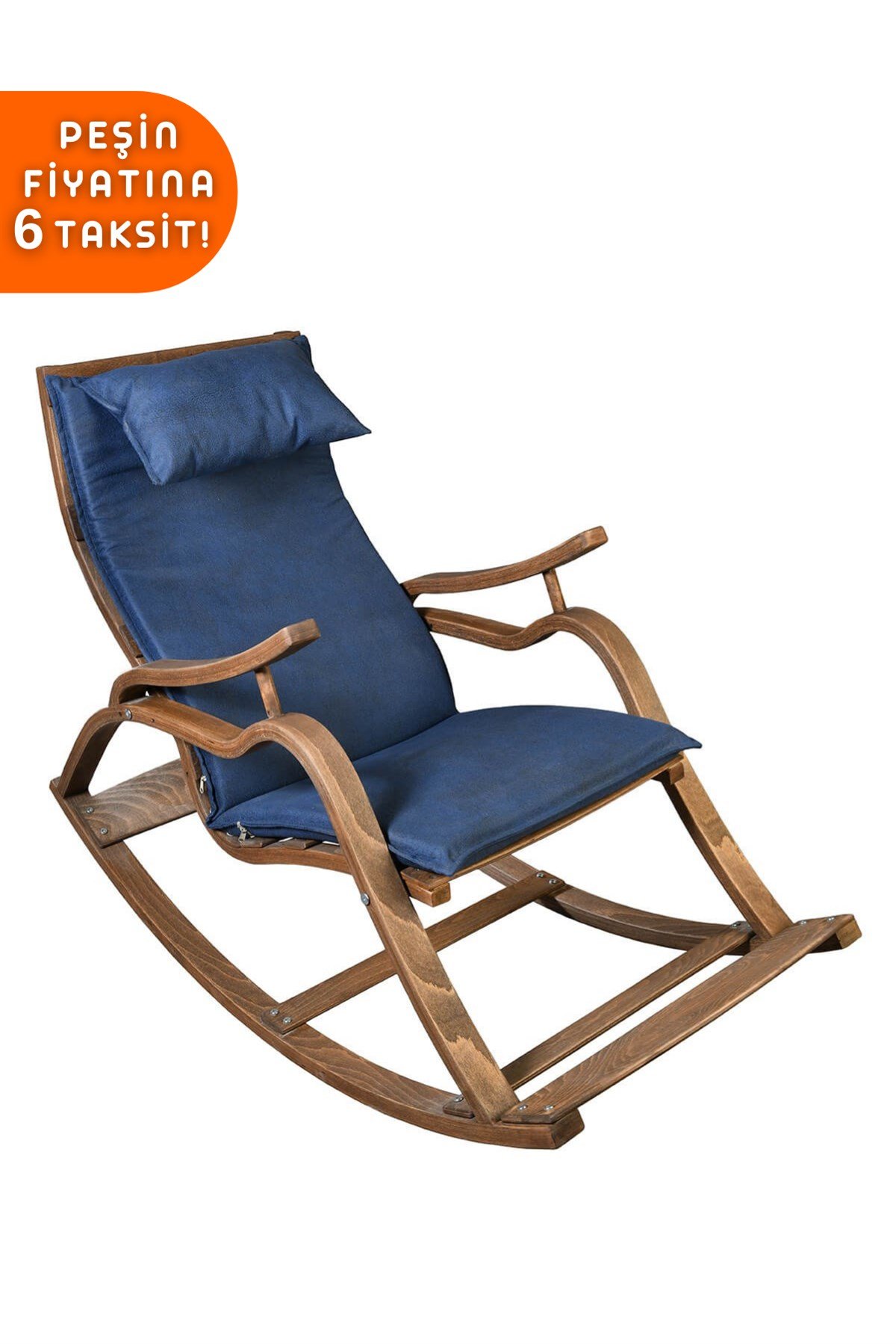 AE-5002 MARMARA SALLANAN SANDALYE LACİVERT MİNDERLİ CEVİZ RENGİ DİNLENME SANDALYESİ