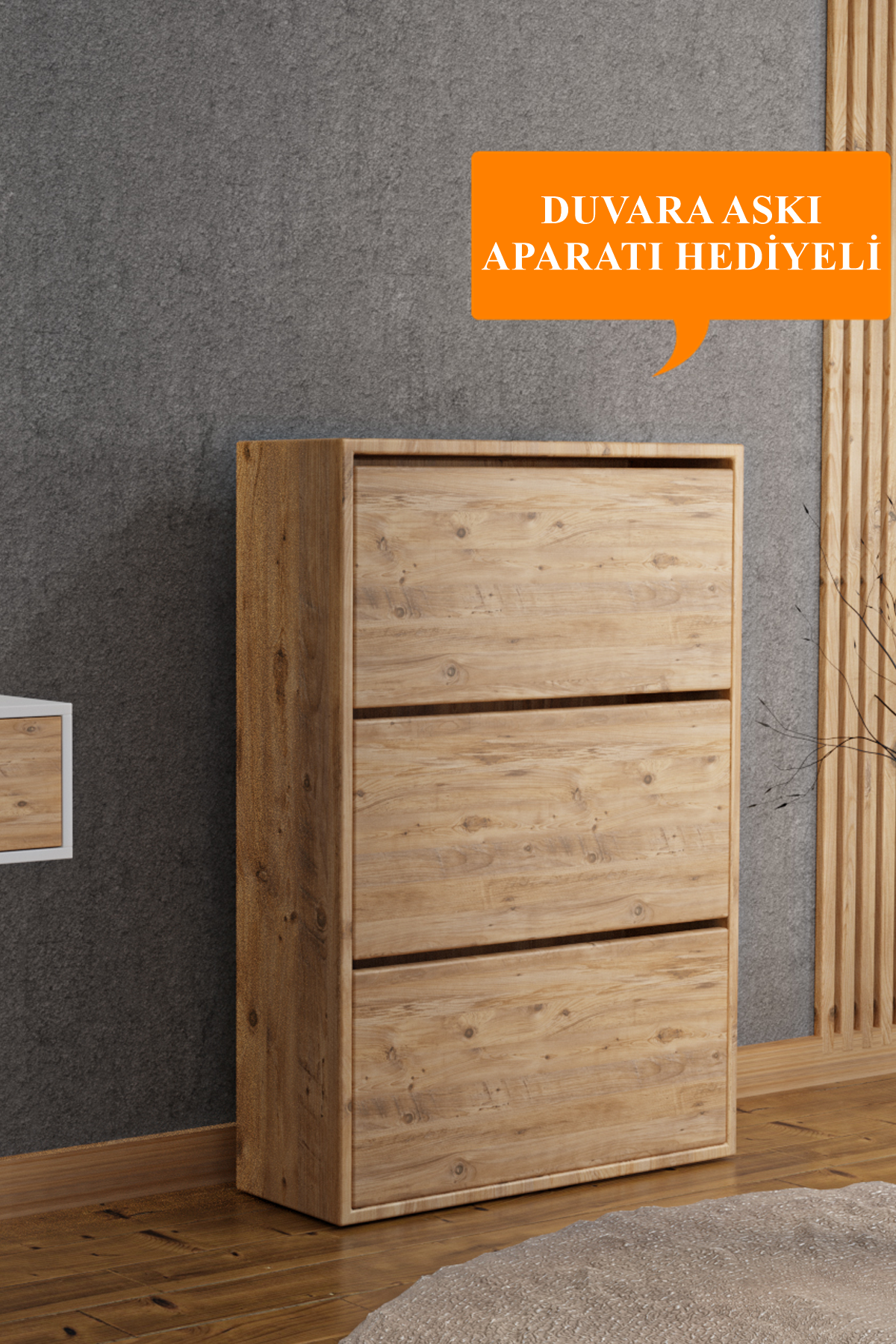 AE-1078 Vizyon Ayakkabılık Duvara Monte Edilebilir, Atlantik Çam Düşer Kapak, 3 Kapaklı, 6 Raflı