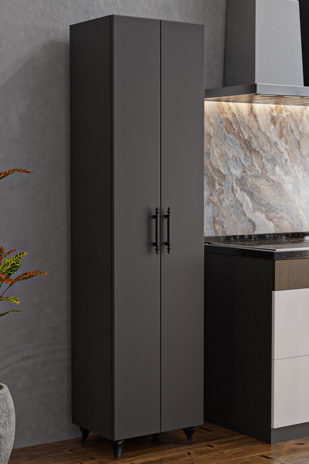 AE-3085 SELEN ÇOK AMAÇLI DOLAP 7 Raflı,2 Kapaklı Mutfak Dolabı Kiler Dolabı Banyo Dolabı Antrasit